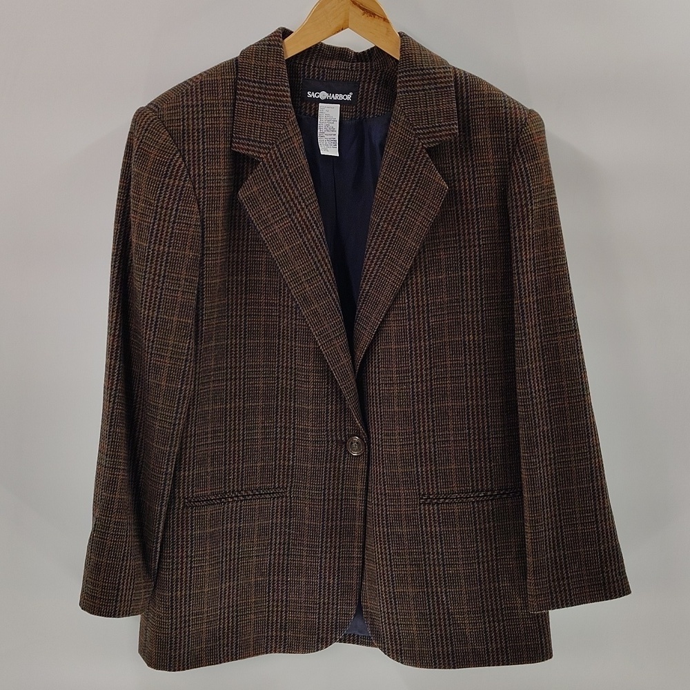 Sag Harbor Academia Plaid Blazer Size 12 Brown Houndstooth Tweed Jacket